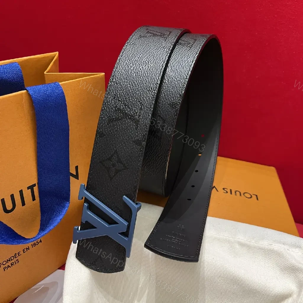 View 4 of Black Leather Belt with Oversized Blue LV Buckle