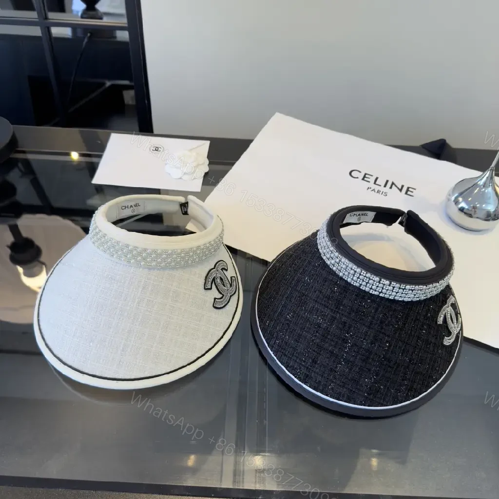 View 11 of Light Gray Linen Visor Cap with Rhinestone Collar and Chanel Logo