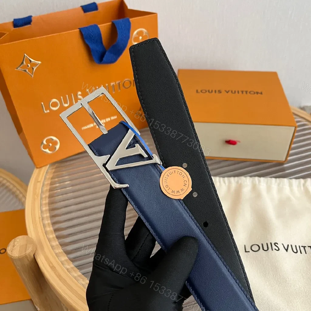 View 2 of Blue Leather Belt with LV Buckle – Modern, All-Day Polish