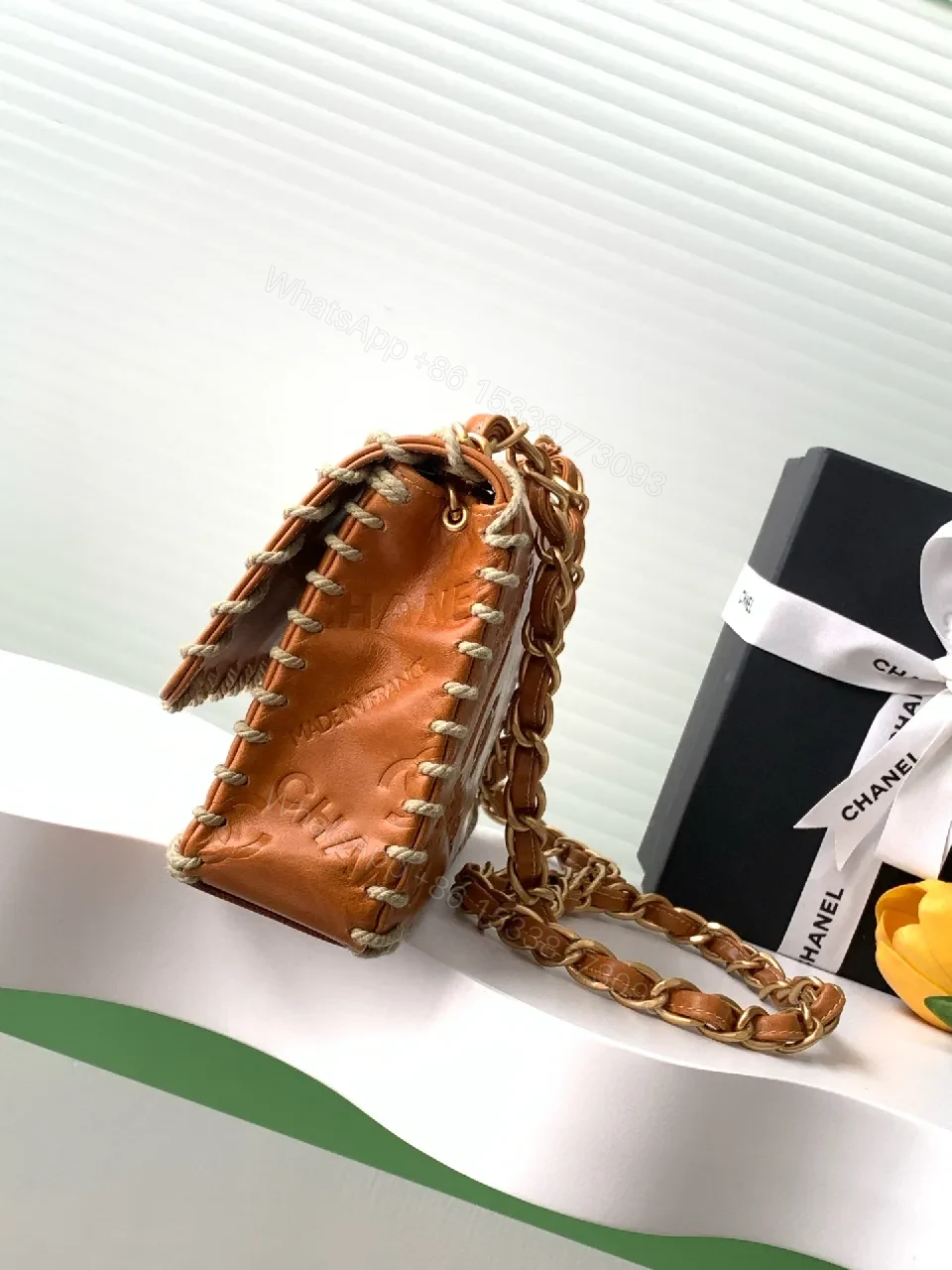 View 9 of Tan Leather Monogram Crossbody with Gold Hardware, Chic Compact Style