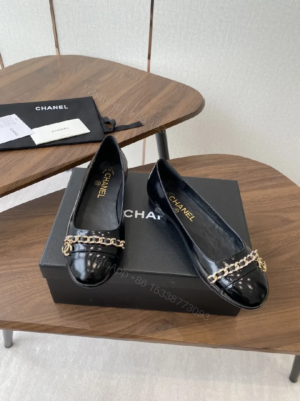 View 6 of Black Leather Ballet Flats with Gold Chain Hardware