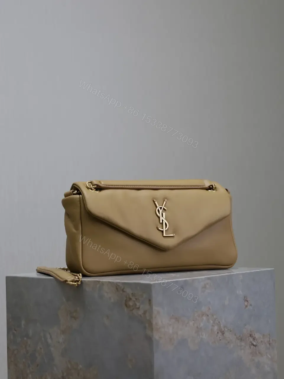 View 7 of Chic Taupe Calfskin Envelope Bag with Monogram Hardware