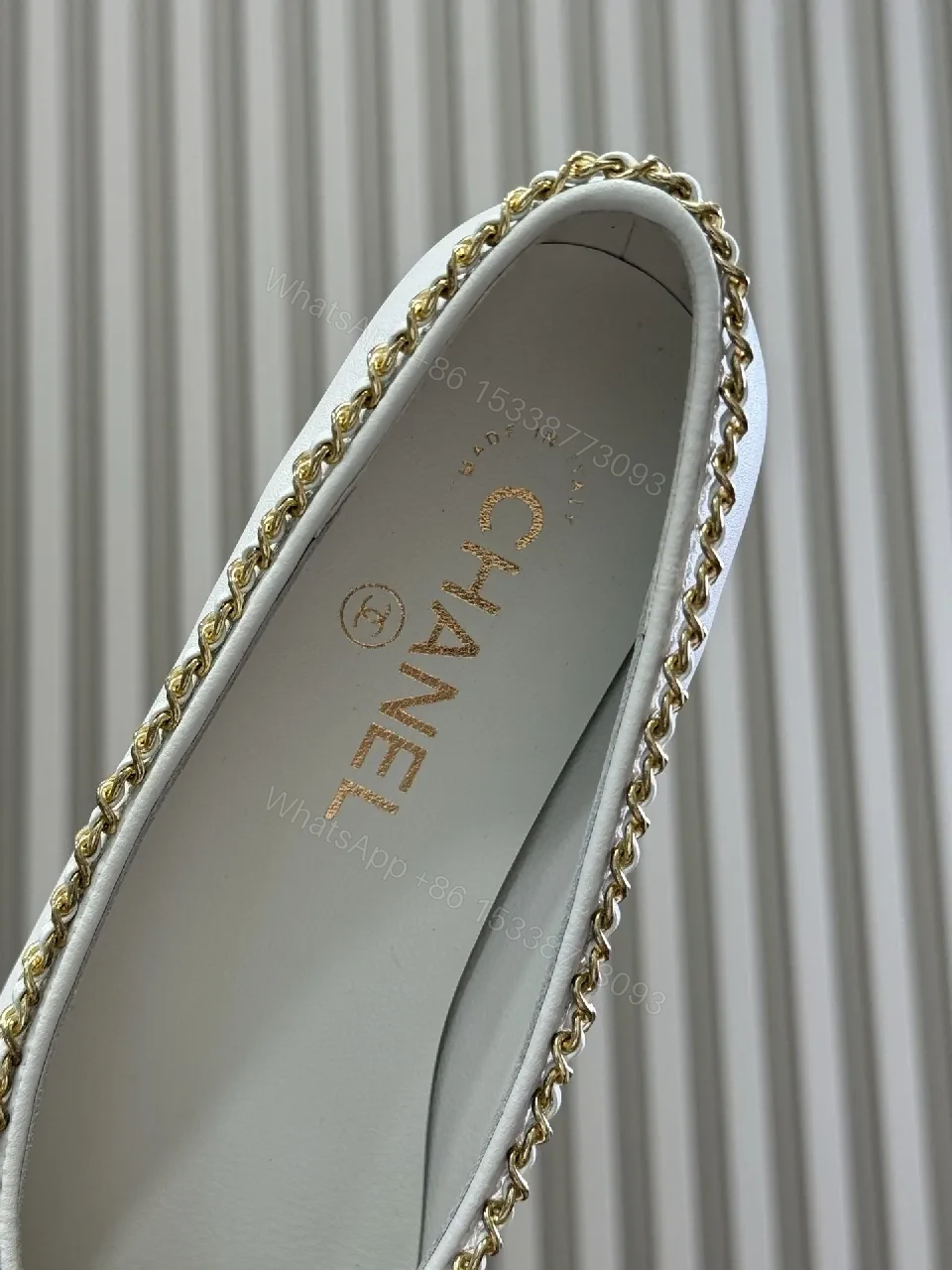 View 5 of Ivory & Black Two-Tone Ballet Flats with Gold Chain Accent