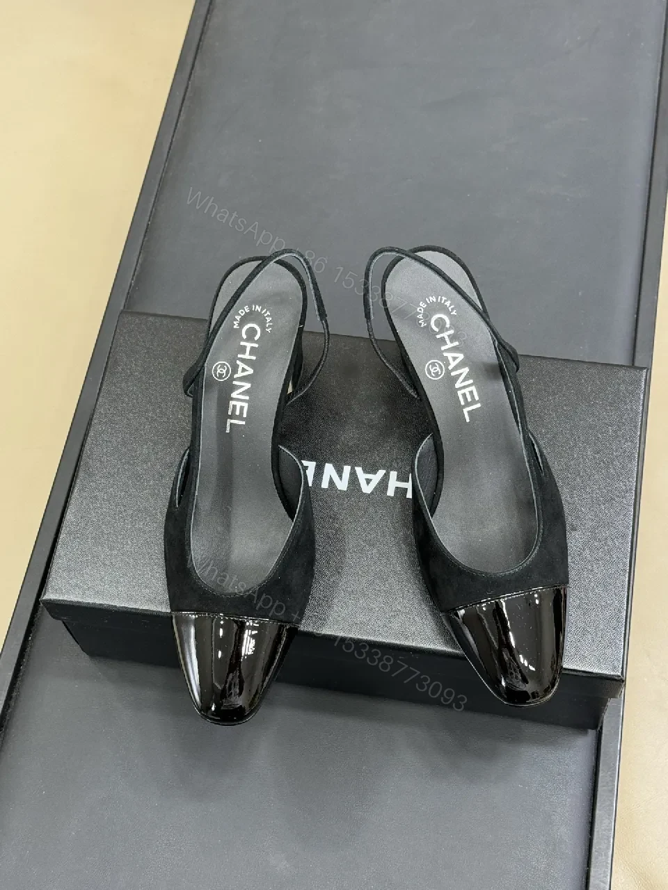 View 6 of Black Suede Slingback Heels with Patent Toe Cap, Luxe, Comfort-First