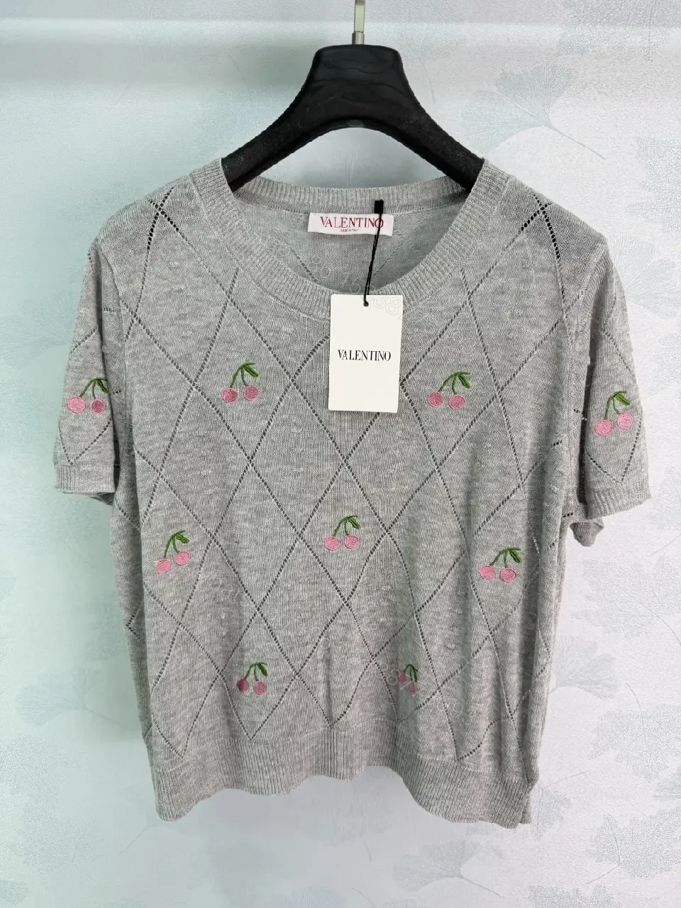 View 9 of Cream/Light Heather Knit V-Neck Cropped Argyle Diamond Top
