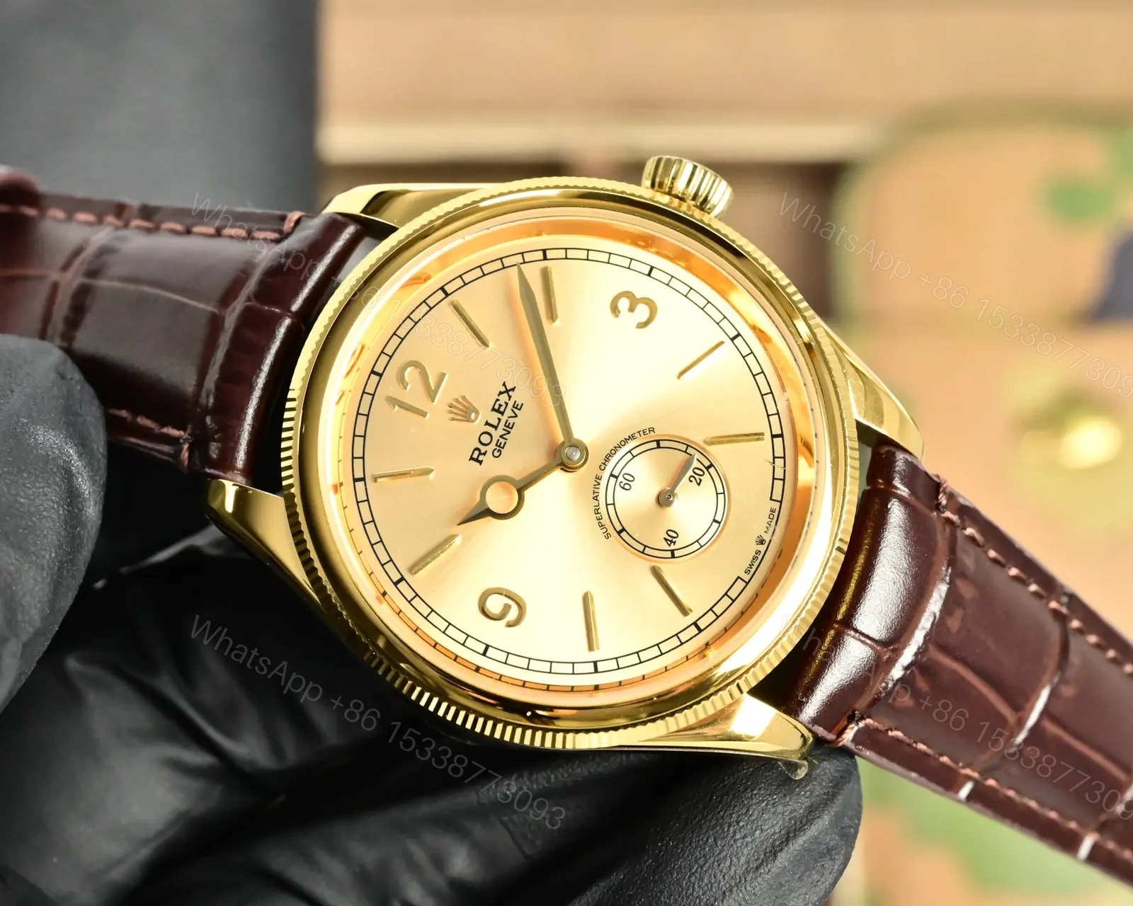 View 4 of Best Rolex 1908 Gold Leather Strap replica 39MM Champagne Dial Edition RG-1908-GOLD-CHAMPAGNE-LEATHER-39