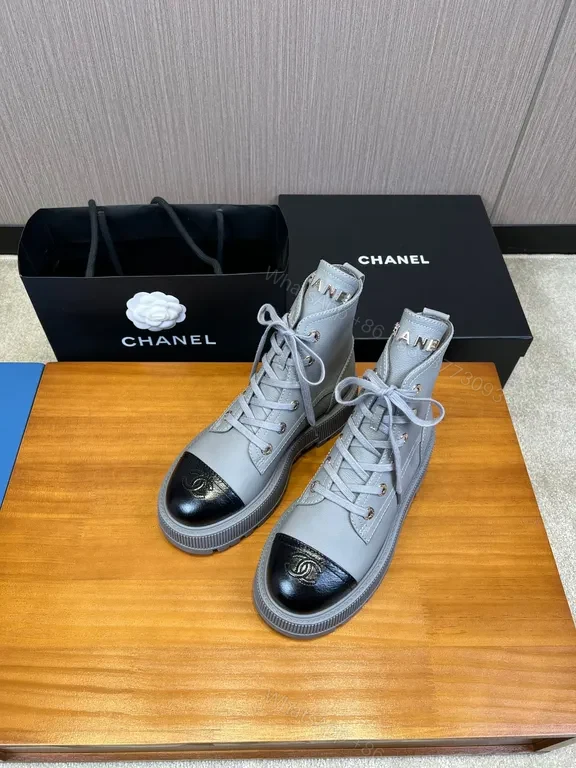 View 4 of Chanel-Inspired Gray Lace-Up Boots with Black Cap Toe