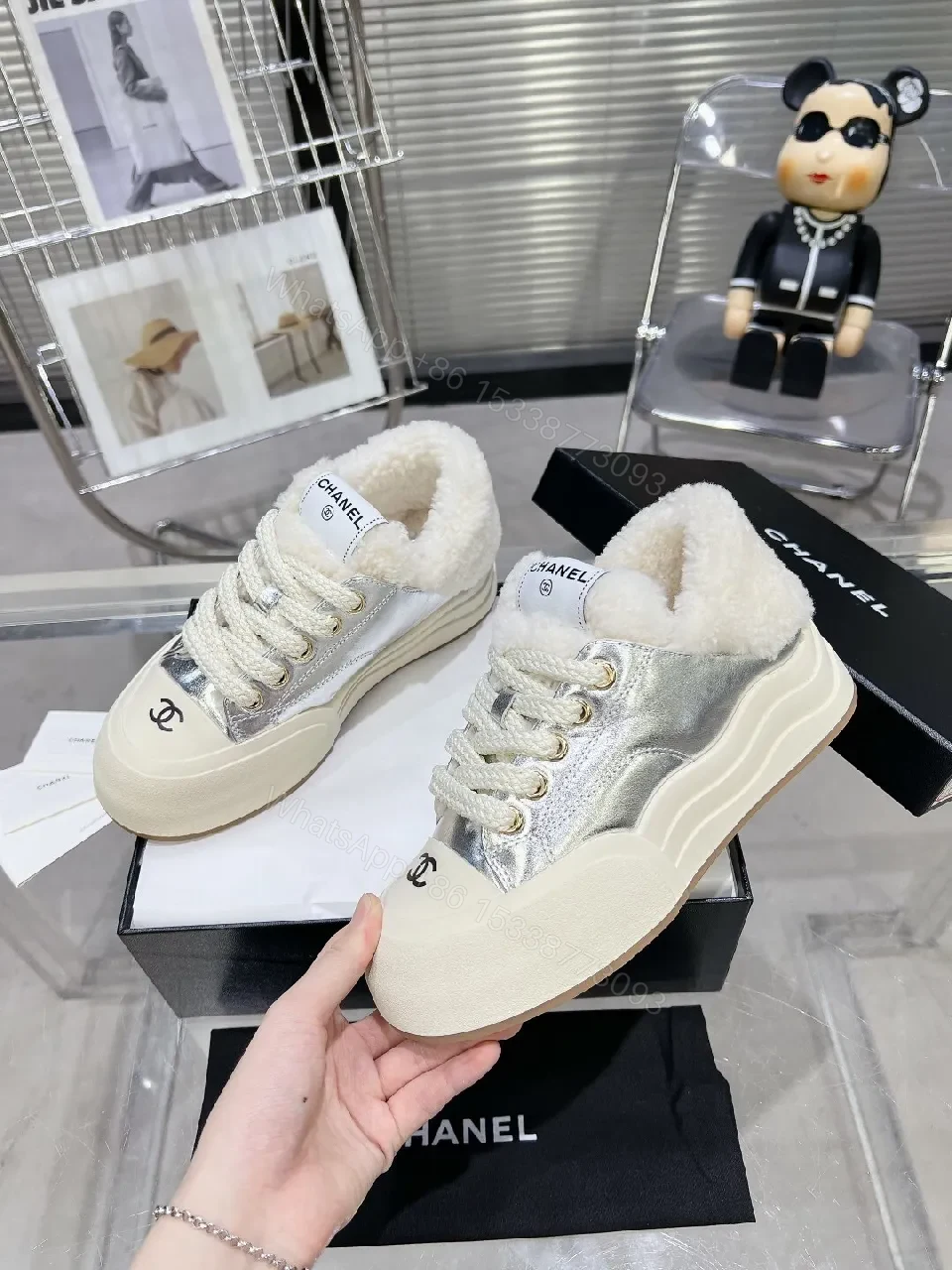 View 3 of White Wool-Trimmed Metallic-Panel Luxe Sneakers