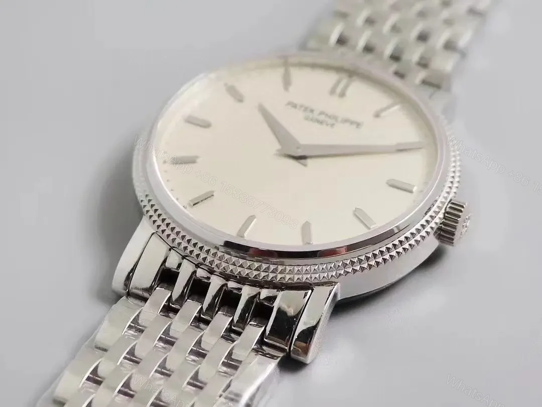 View 2 of Patek Philippe Calatrava 5120G White Dial with Roman Numerals and Baton Hands Ultra Thin Italian Leather Strap Cal.240 Movement Platinum Coated Beaded Bezel