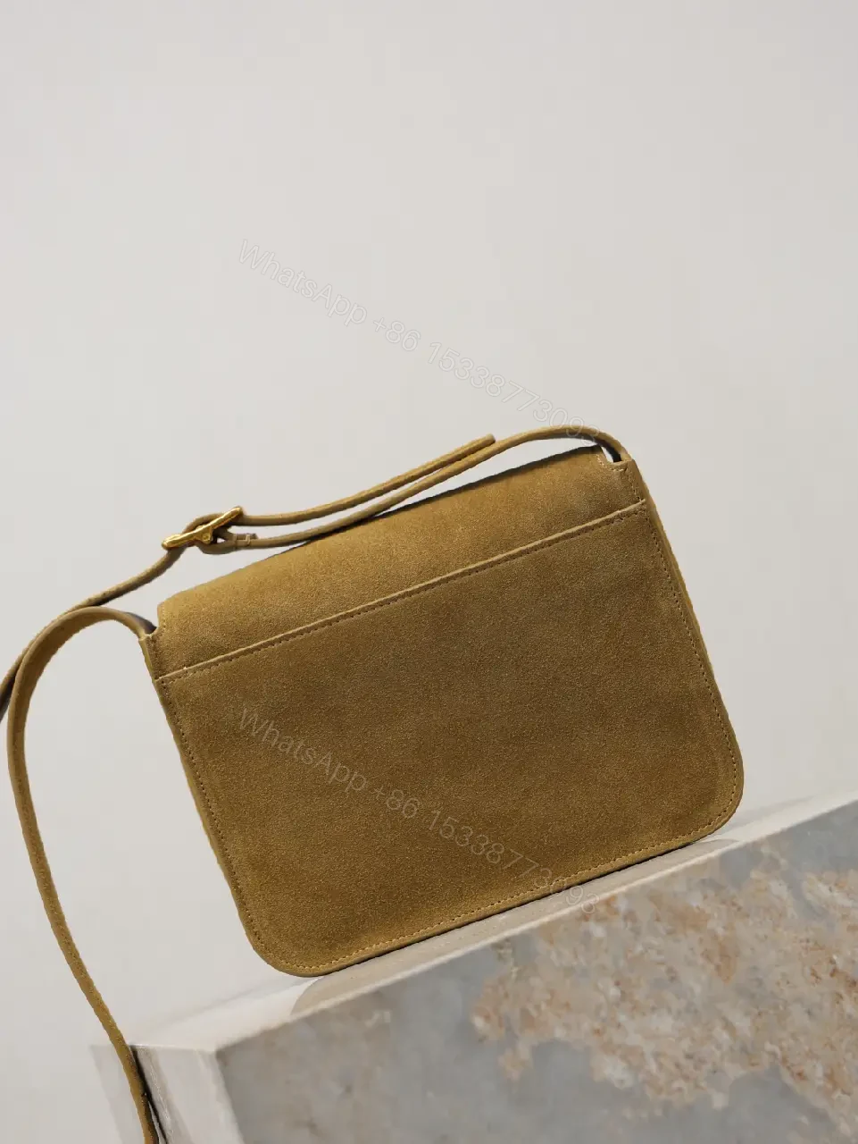 View 4 of Timeless Suede Crossbody with Gold Emblem, Compact Luxury
