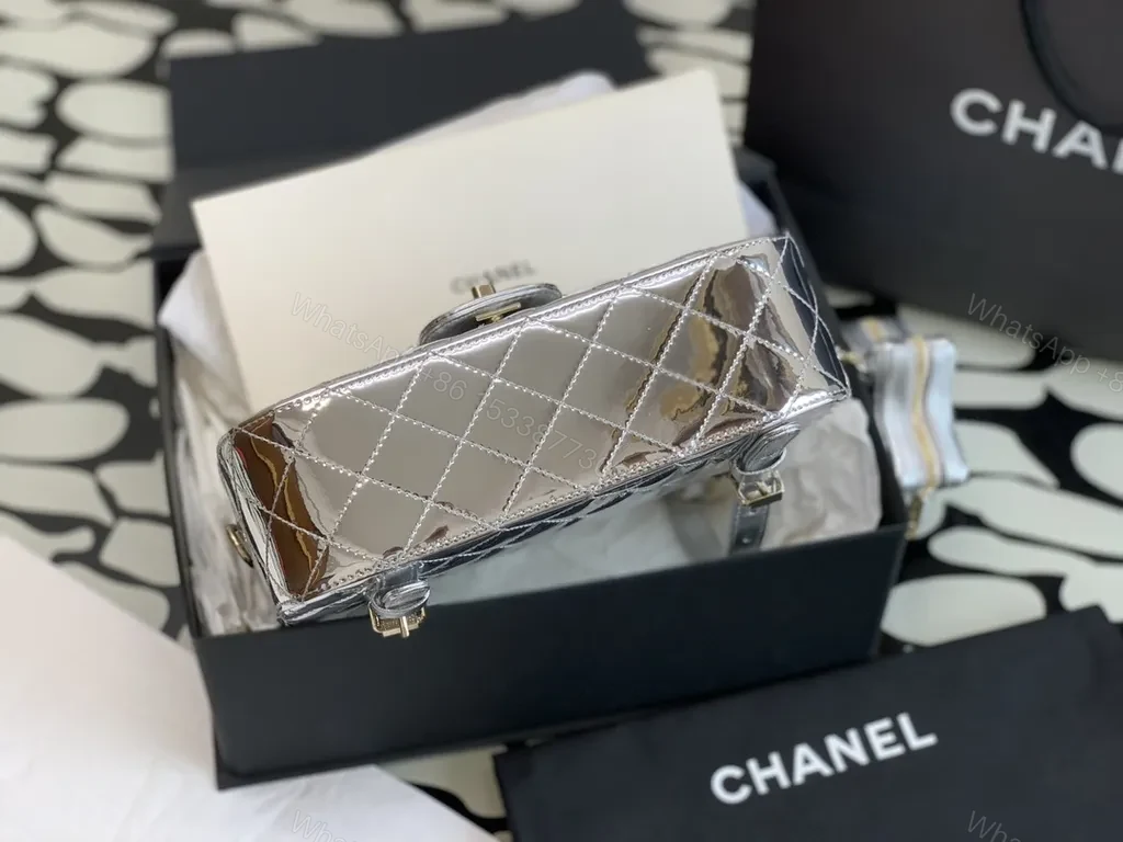 View 3 of Shimmer Quilted Chain Bag â€“ Silver Metallic, Luxe Chanel-Inspired Style