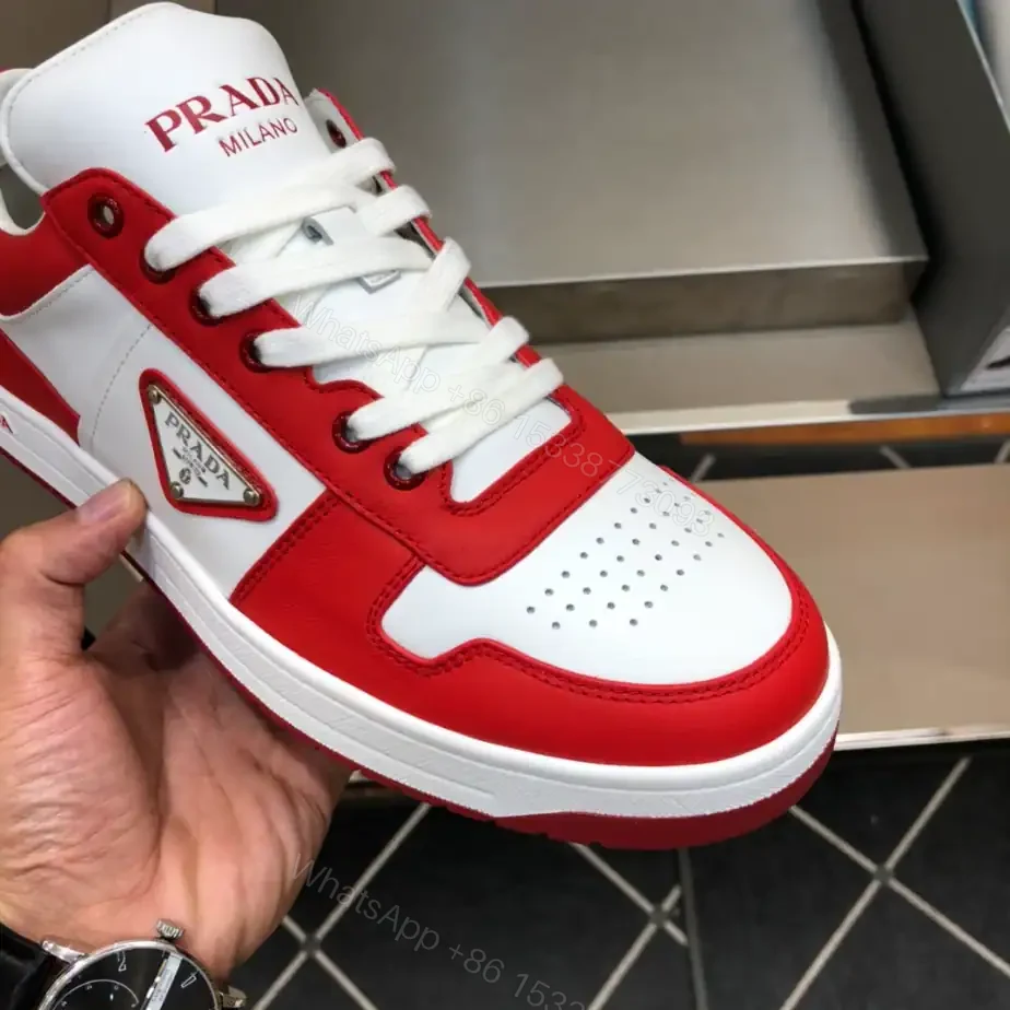 View 3 of PRADA DOWNTOWN LEATHER SNEAKERS IN WHITE AND LACQUER RED- PRD012