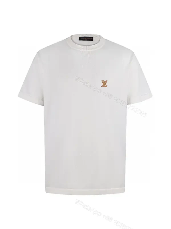 White Jersey Short-Sleeve Crewneck T-Shirt with Gold LV Chest Logo — view 1