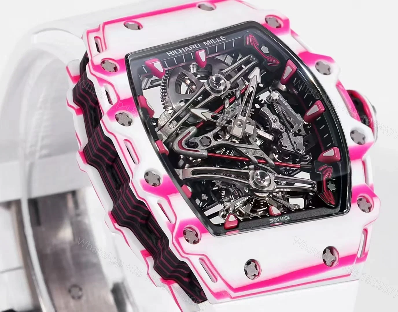 View 3 of Richard Mille RM38-02 Tourbillon Bubba Watson Watch Pink Quartz Carbon Fiber Skeleton Dial Golf Ball Inspired Manual Winding Movement RM38-02-BW-PQC-SK10