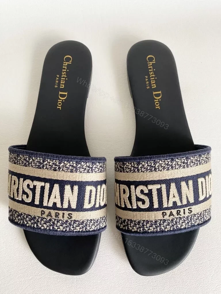 CHRISTIAN DIOR DWAY NAVY BLUE FABRIC SLIDES — view 2