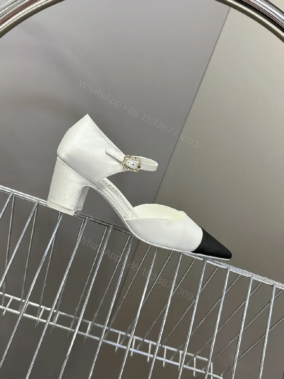 View 6 of White & Black Pointed-Toe Heel with Ankle Strap - Designer-Inspired Luxe Heel
