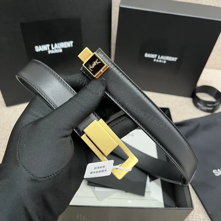 View 8 of Chic Black Leather Belt with Gold YSL-Inspired Clasp