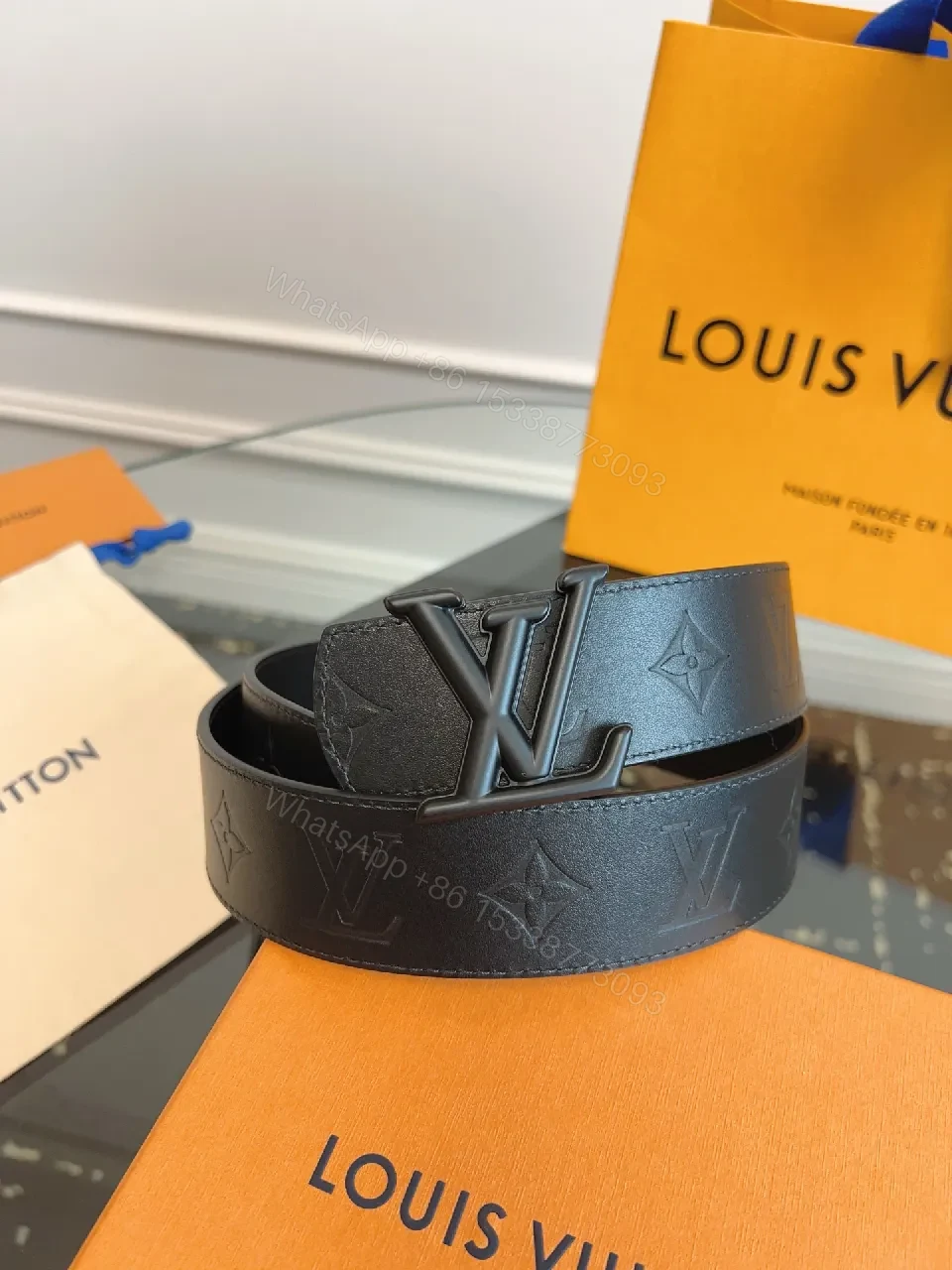 View 8 of Black Monogram Belt: Signature Buckle, Full-Grain Leather