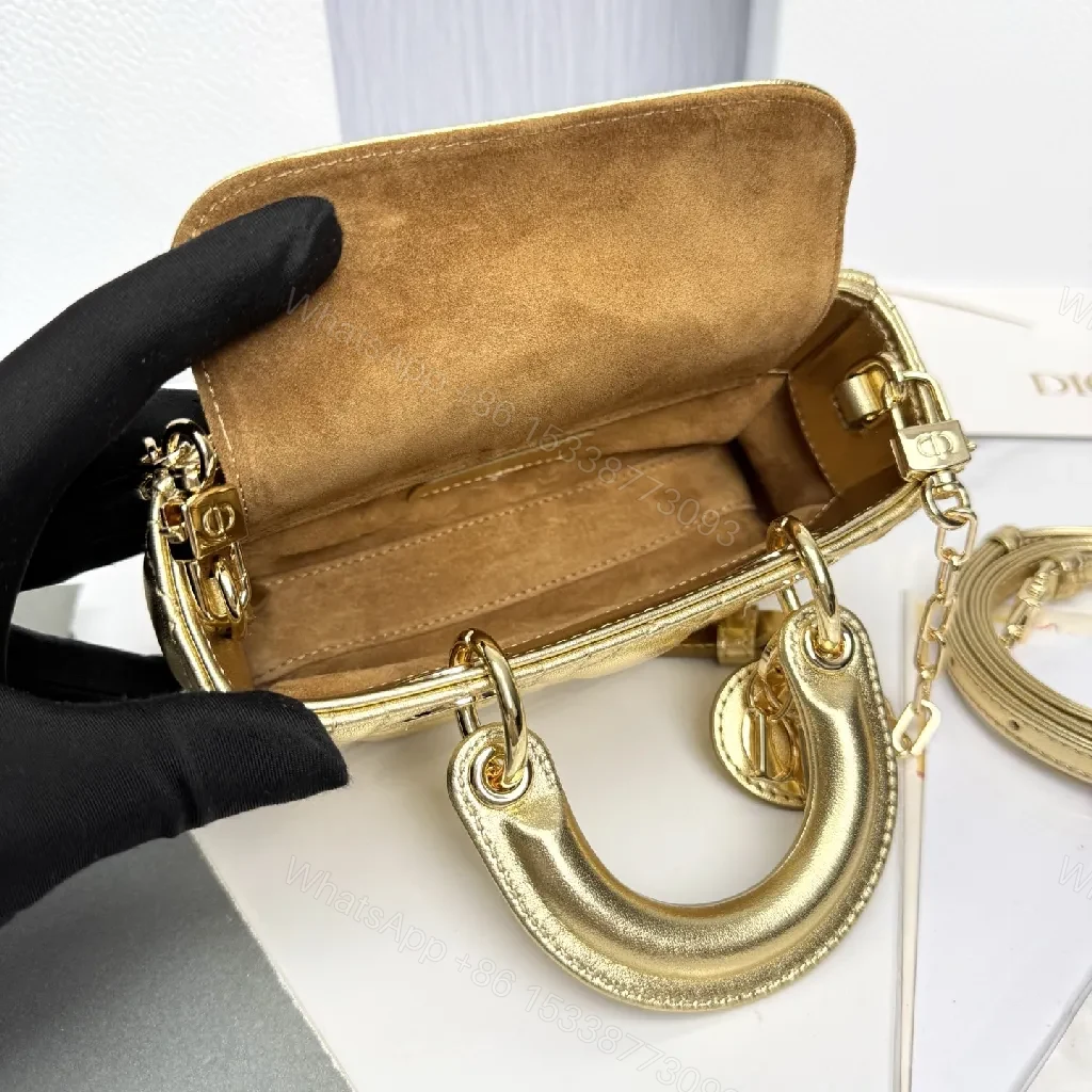 View 3 of Lux Gold-Gloss Quilted Leather Mini Handbag, Compact Luxe Shine