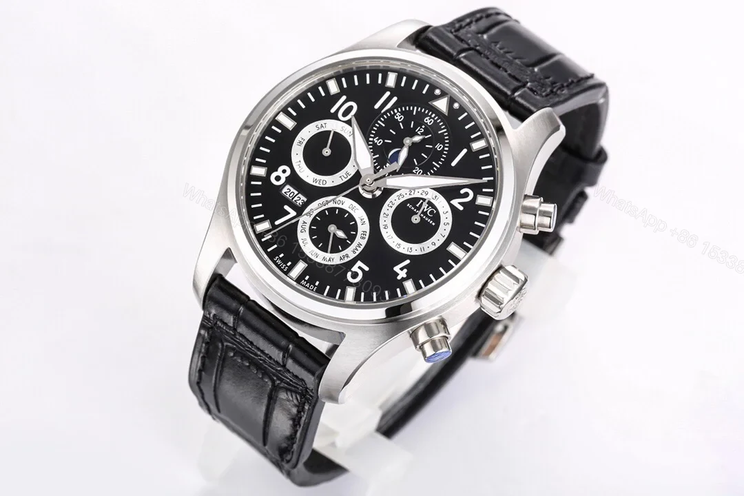 View 2 of IWC Pilot Perpetual Calendar Replica 42MM Premium Black Dial Leather Strap Edition IWC-PILOT-PC-BLK42-LTH