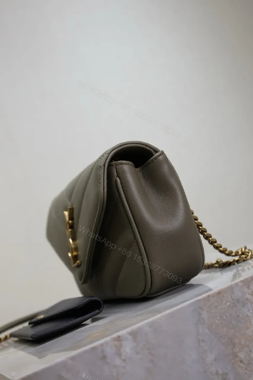View 2 of Taupe Grained Leather Quilted Shoulder Bag with Gold Hardware