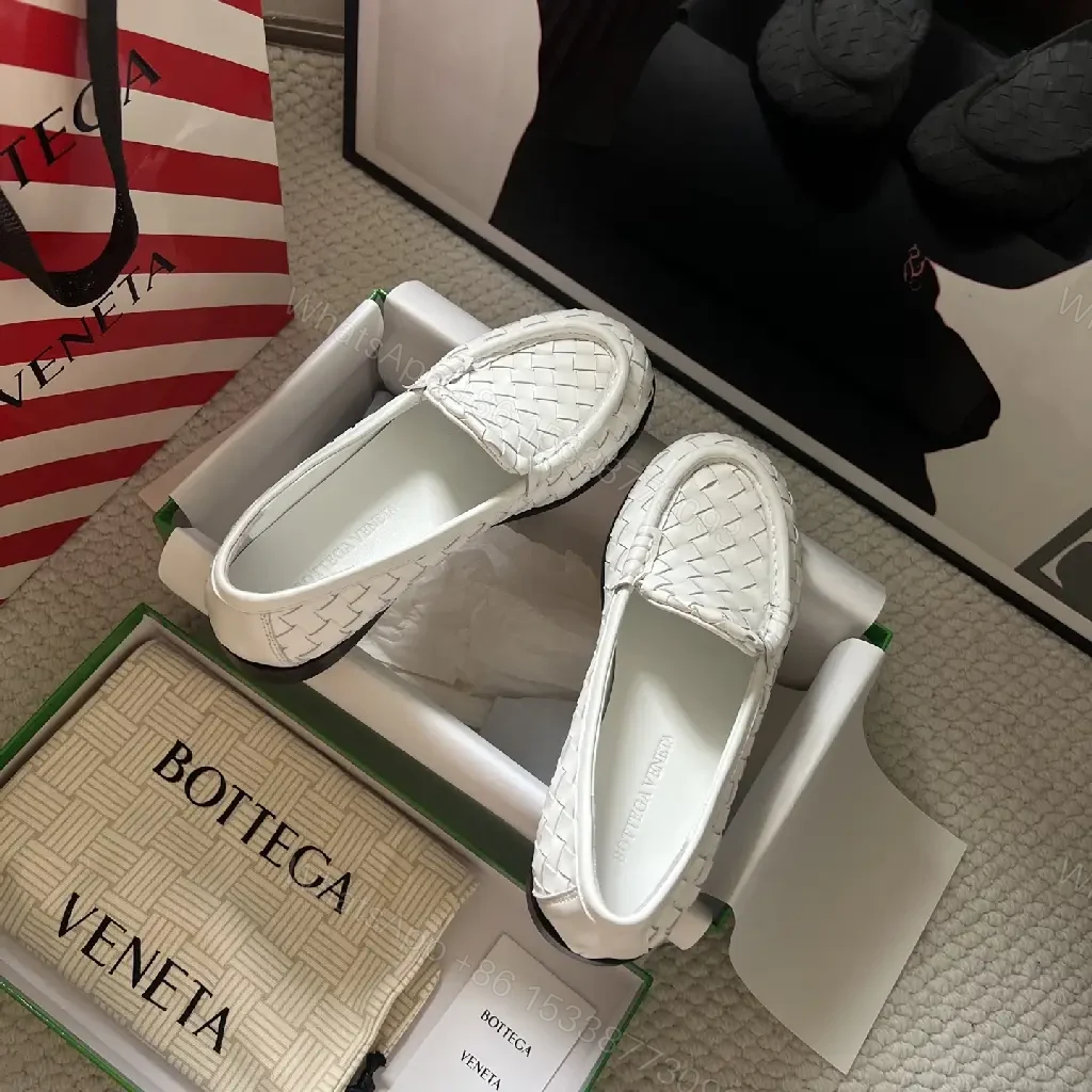 View 2 of White Leather Woven Loafers, Slip-On Style, Bottega Inspired Shoes