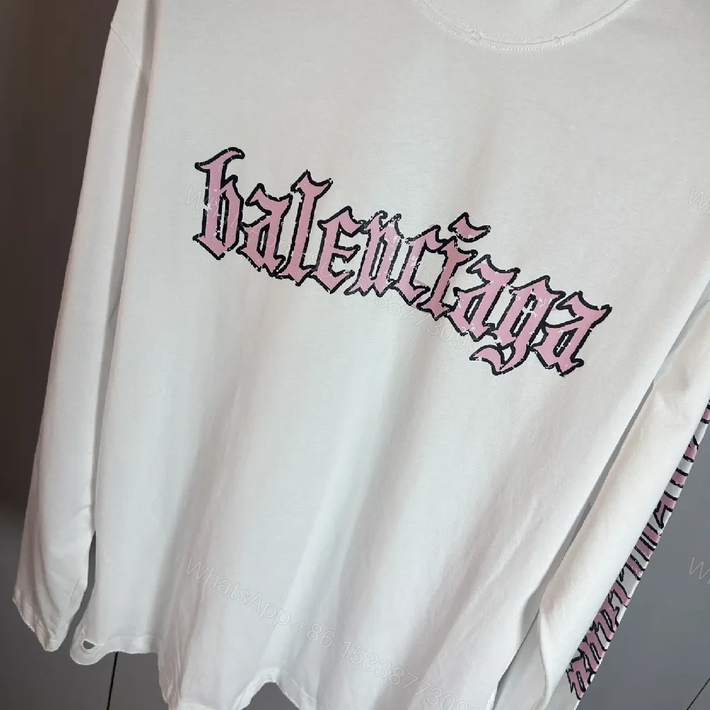 View 9 of White Cotton Blend Tee, Balenciaga-Inspired Graphic, Long Sleeve Tee