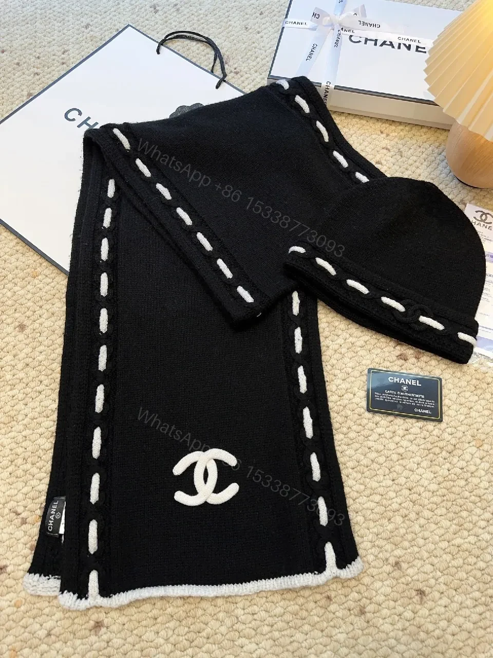 View 6 of Black Knit Scarf with White Stitching — Luxury Cozy Accessory