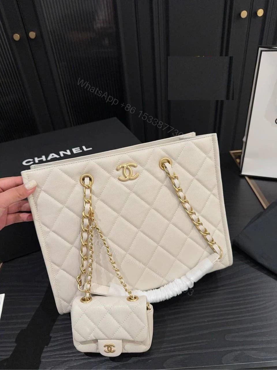 View 3 of Chanel Metal Logo Shopping Tote Quilted Calfskin Small NEW