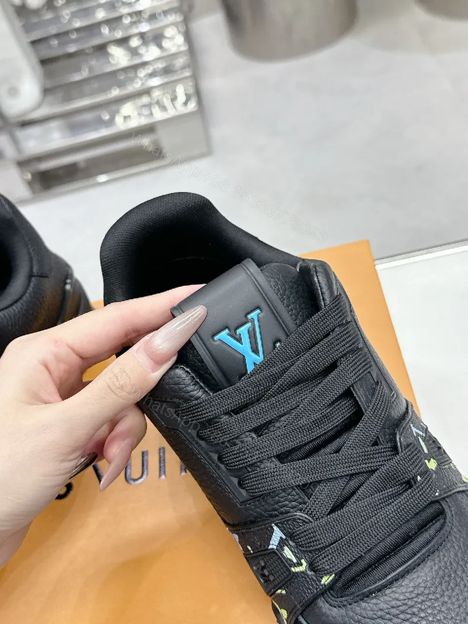 View 6 of Multicolor LV-Embellished Black Leather High-Tops Sneakers