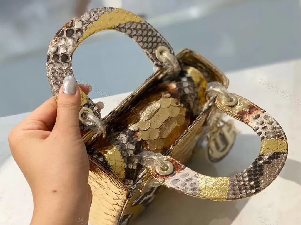 View 5 of Gold Brown White Snakeskin Mini Bag with Dior Charm