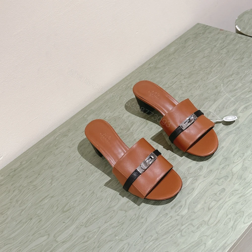 View 7 of 高仿Hermes*H231063Z20粗跟一字拖鞋棕色5CM免檢版