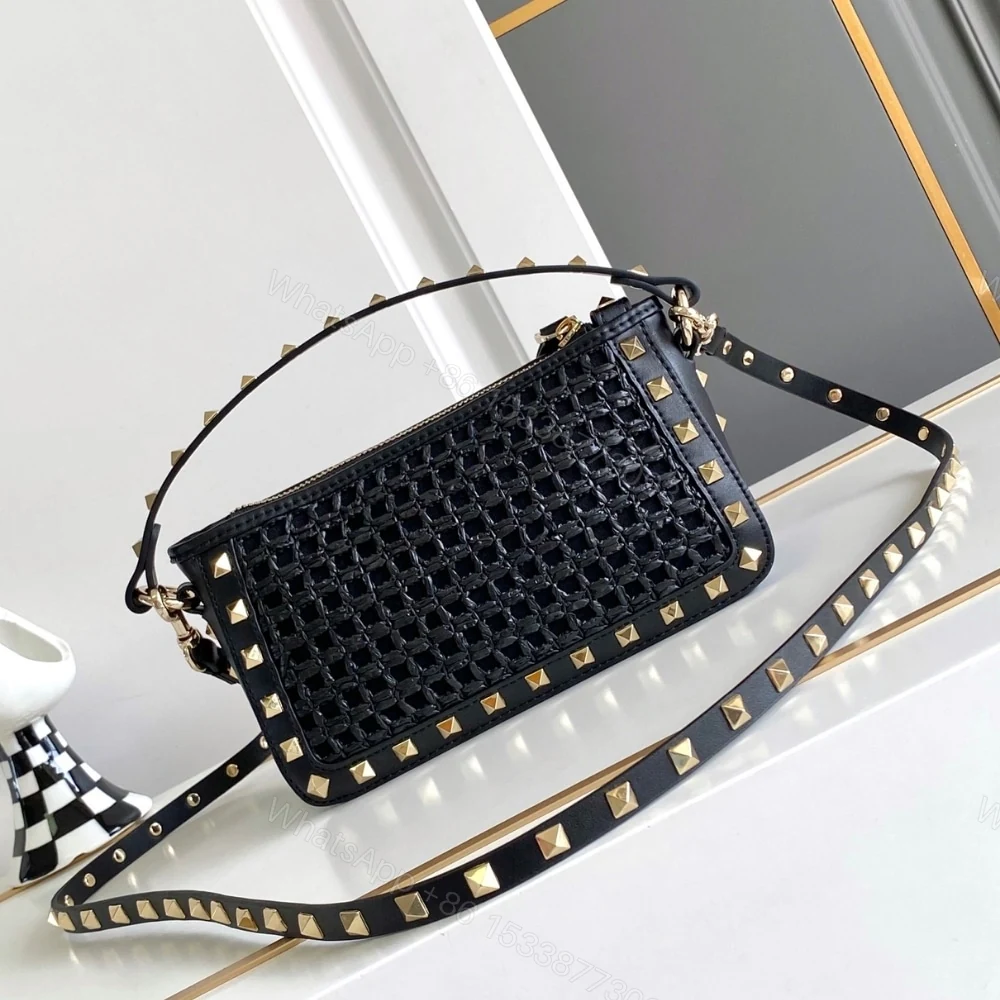 View 4 of VALENTINO GARAVANI ROCKSTUD RAFFIA SMALL CROSSBODY BAG BLACK 19CM