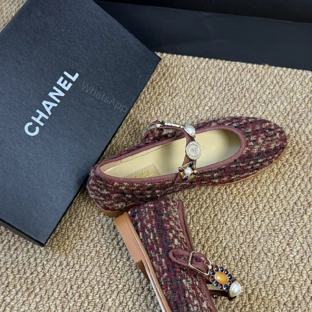 View 4 of Tweed Ballet Flats with Embellished Strap - Luxe Comfort Flats