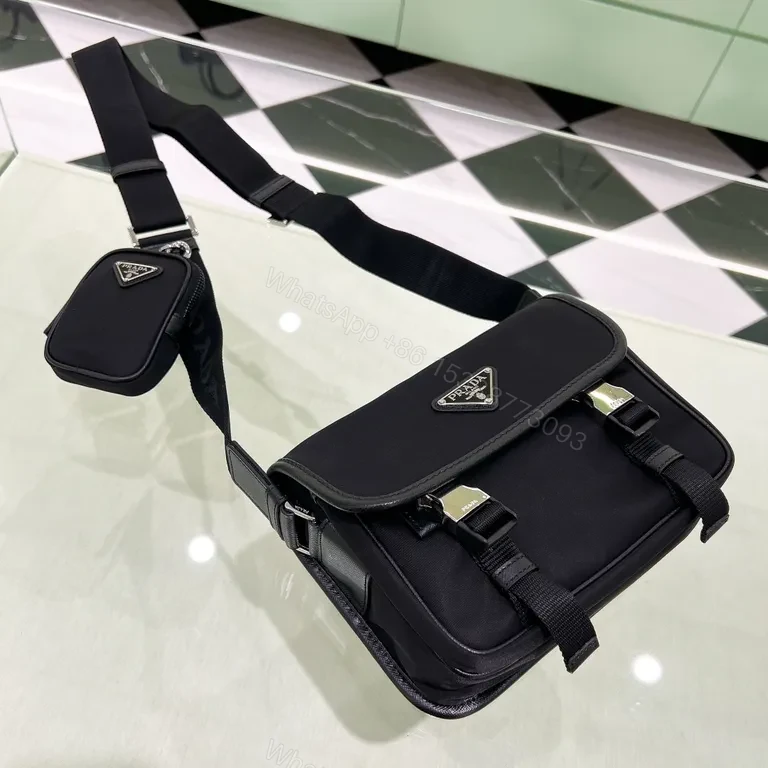 View 9 of Black Nylon Compact Messenger with Prada Logoâ€”Premium Designer Style