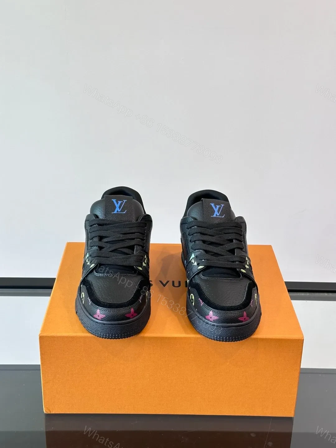 View 2 of LV Men Black Leather Sneakers With Multicolor Accents