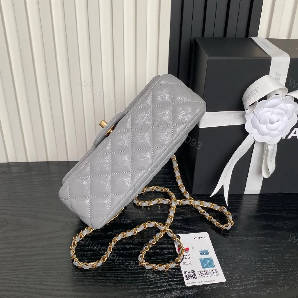 View 6 of Quilted Mini Flap Bag - Gold Chain, Grey Lambskin Leather