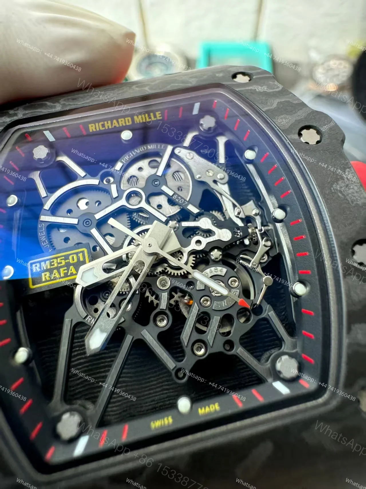View 10 of Super Clone Richard Mille RM 35-01 Carbon TPT Skeleton Red Rubber Strap 1:1 Replica Watch