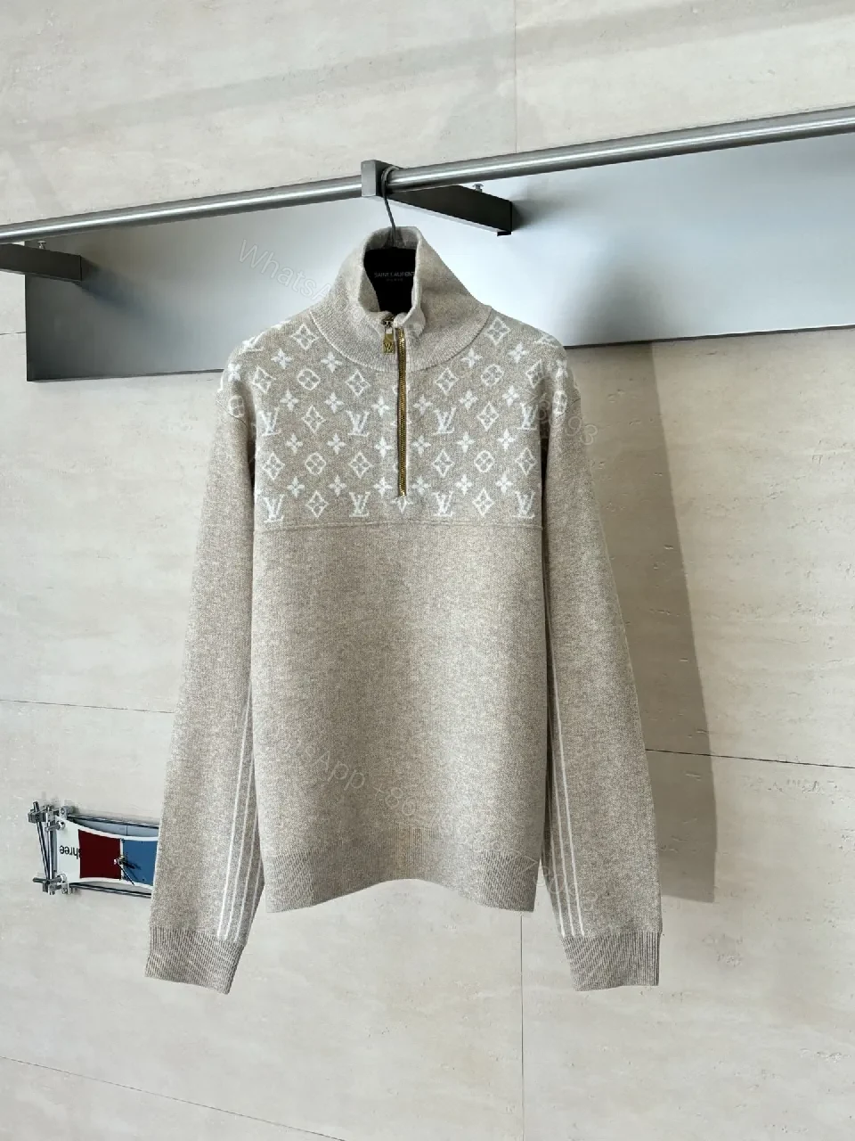 Taupe Knit Pullover with LV Monogram, Half-Zip, Luxe Casual Style — view 1