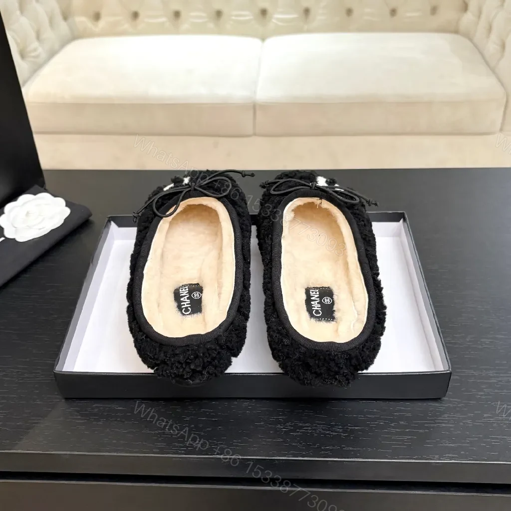 View 4 of Black Shearling Slippers with Logo Accent, Luxe Knit Sole