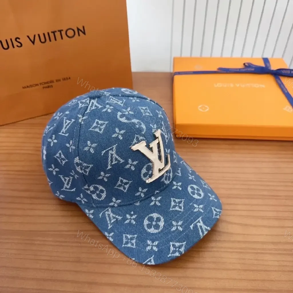 View 4 of Indigo Denim Cap with Gold LV Crest Monogram, Curved Visor