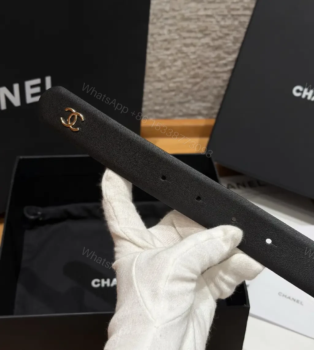 View 4 of Black Leather Belt Luxury Crystals Oval Buckle with Chanel Logo