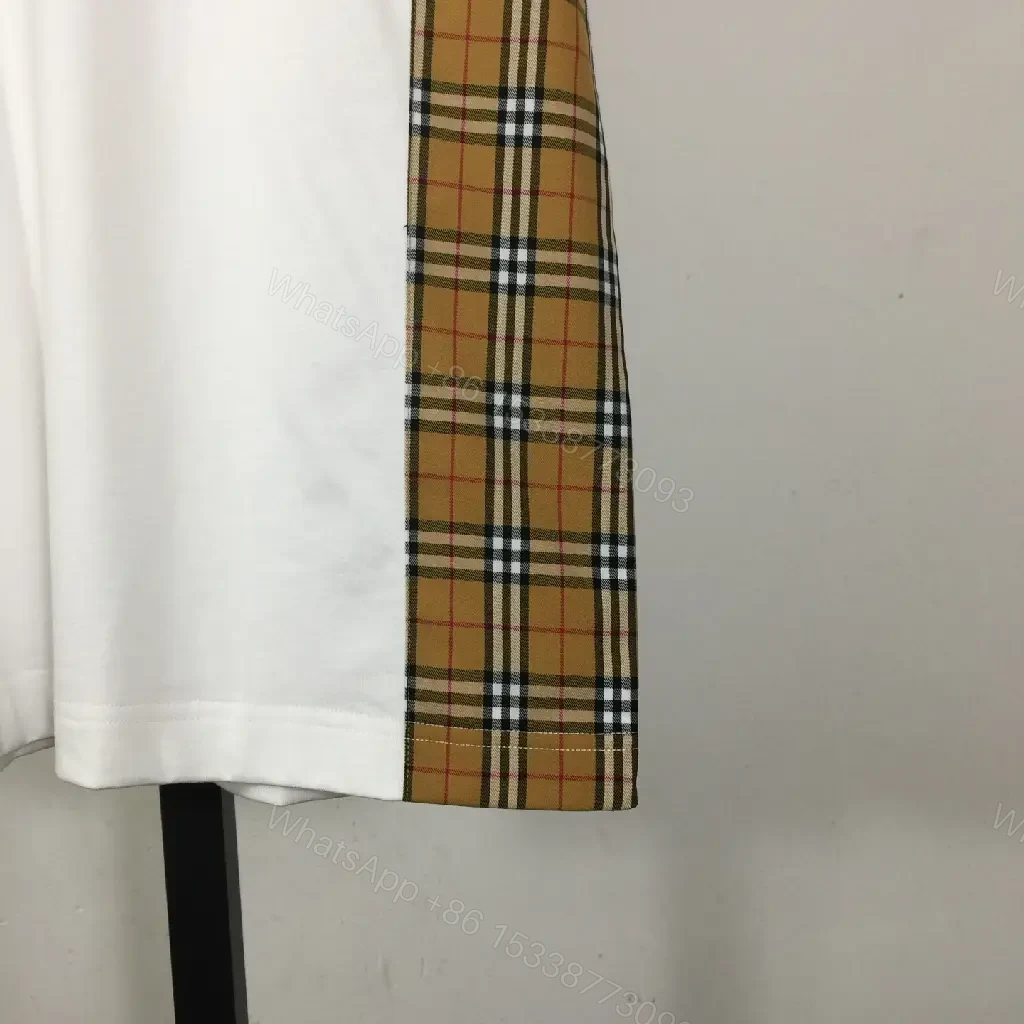 View 10 of White Cotton Tee with Plaid Paneling – Casual Luxe Comfort