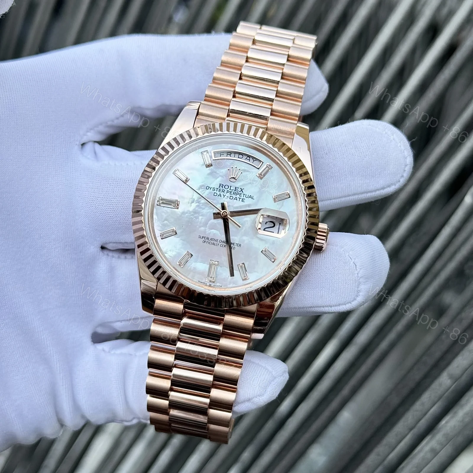 View 3 of Superclone Rolex Day-Date White Mother-of-Pearl Diamond Dial 128235-0078 36 mm