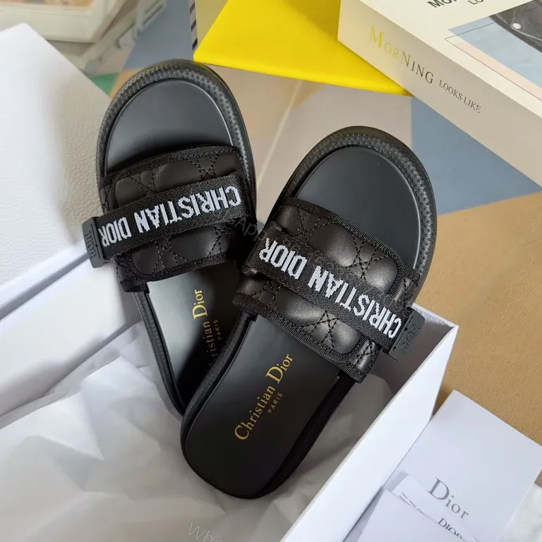 View 5 of Black Imitation Dior Slide - Quilted Straps, Comfortable Key Feature Slides
