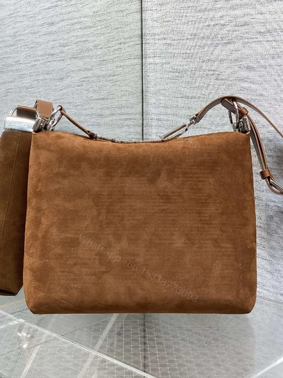 View 9 of Rich Suede Shoulder Bag: Minimalist, Subtle Branding, Crossbody