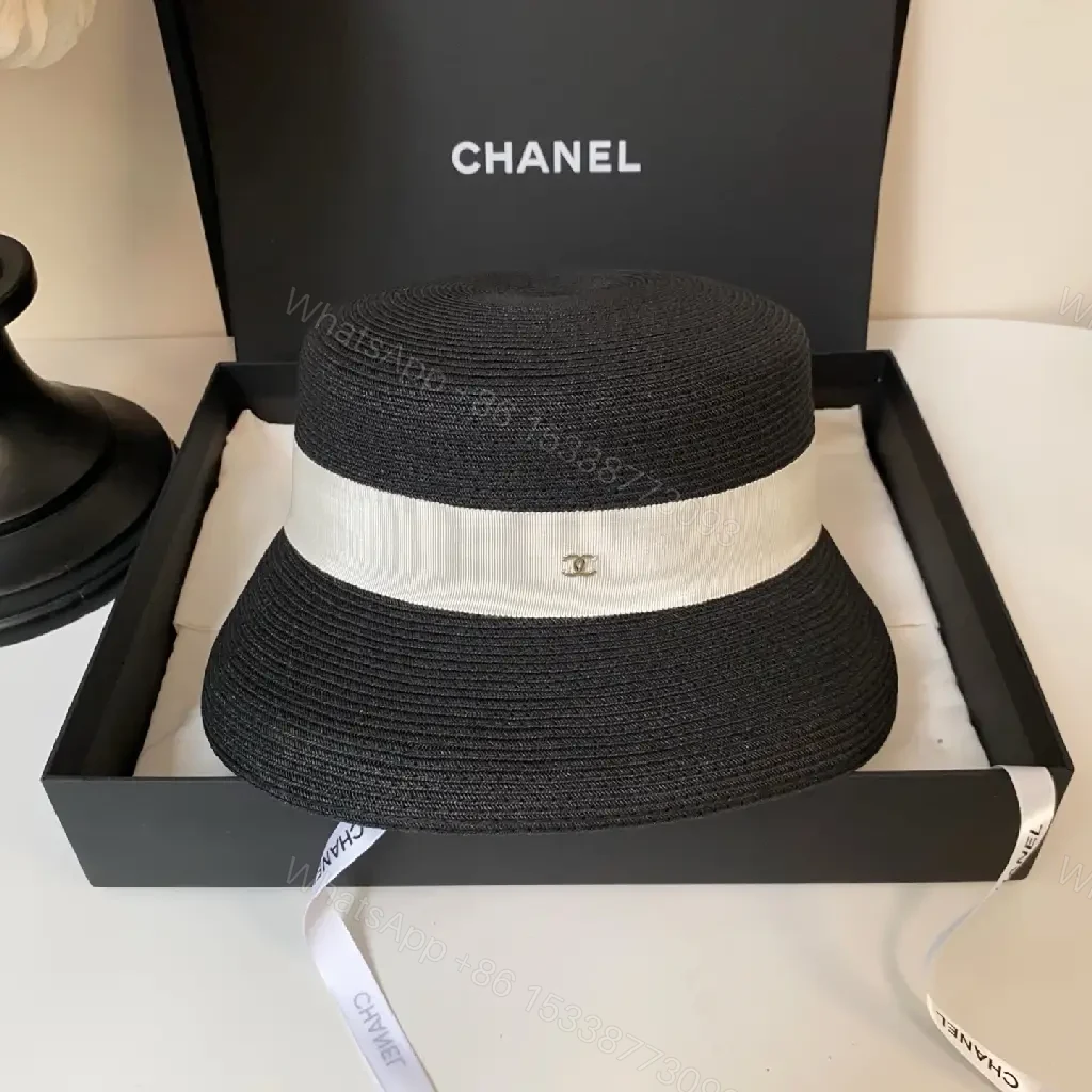 View 10 of Black Straw Fedora Hat with Beige Band Chanel Logo - Classic Style