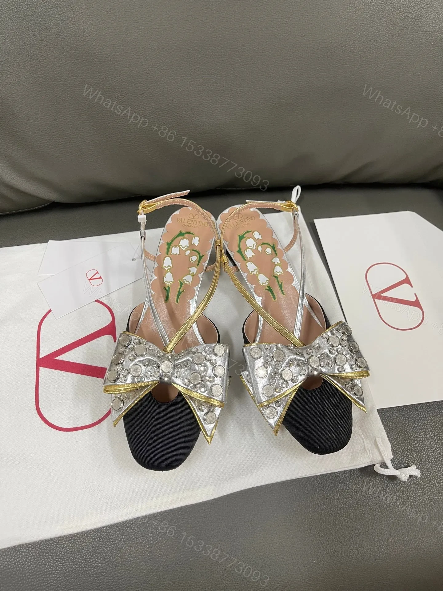 Valentino Women Black Silver Leather Bow Slingback Flats — view 1