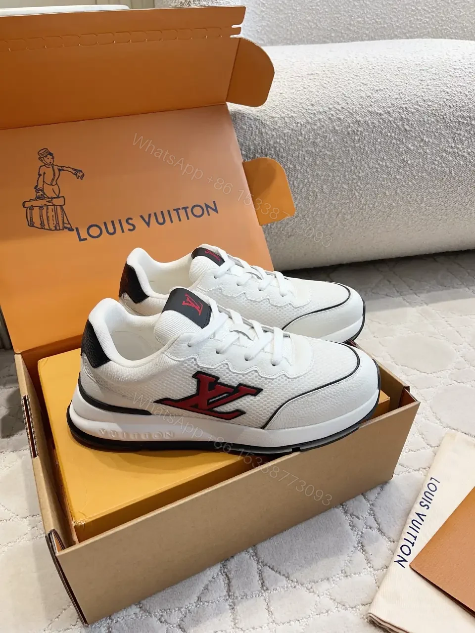 View 3 of White Leather Sneaker with Red LV Logo, Modern/Chunky Style, Comfort Feature, Louis Vuitton Sneaker