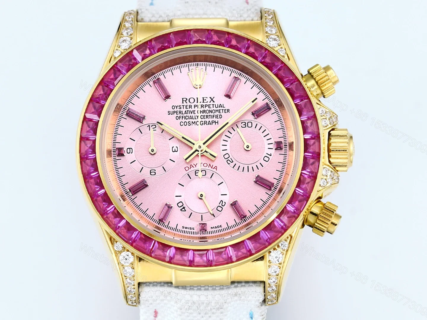 View 4 of Rolex Daytona Pink Ruby White Strap Replica 43MM Exclusive Gold Case Edition RG-ROLEX-DAYTONA-PINK-RUBY-WHITE-43